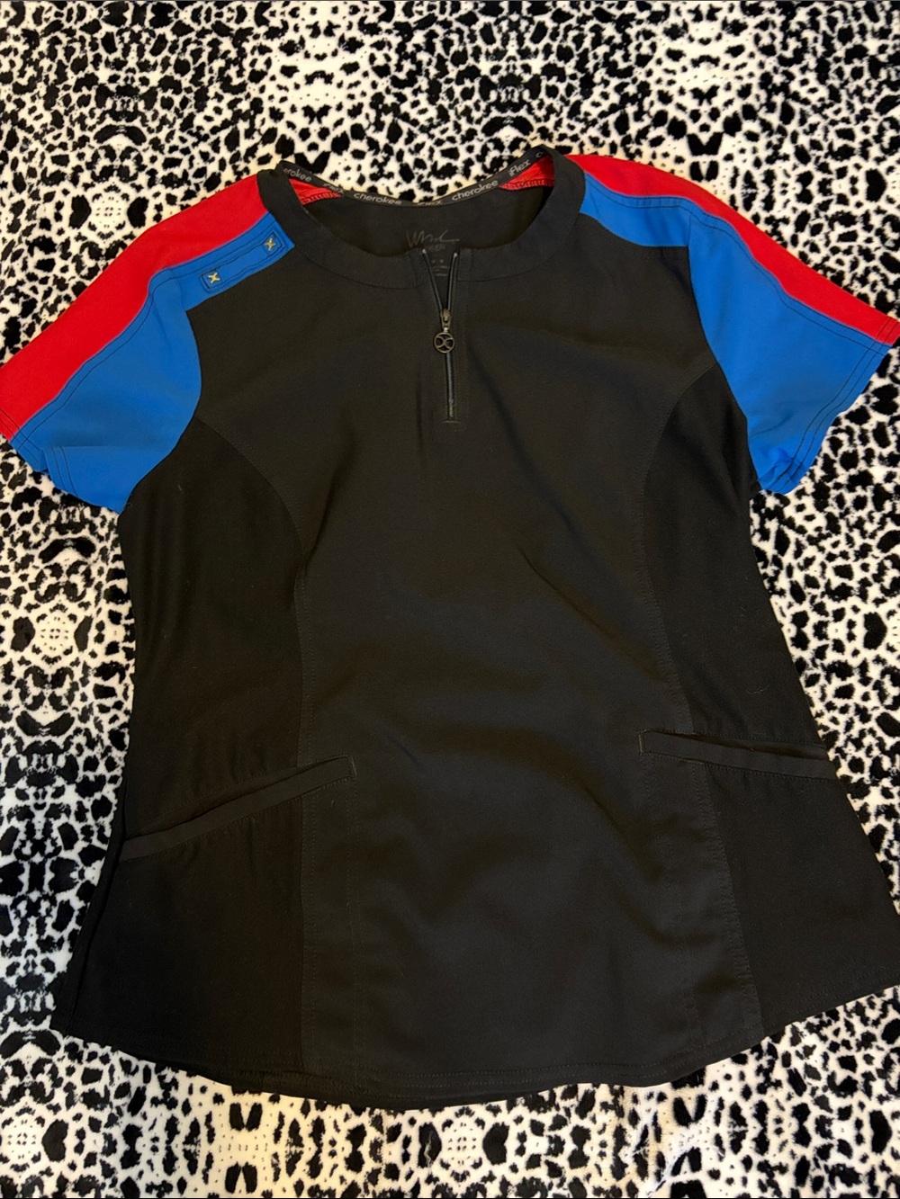 Cherokee Black Top with Red & Blue Shoulder Panels